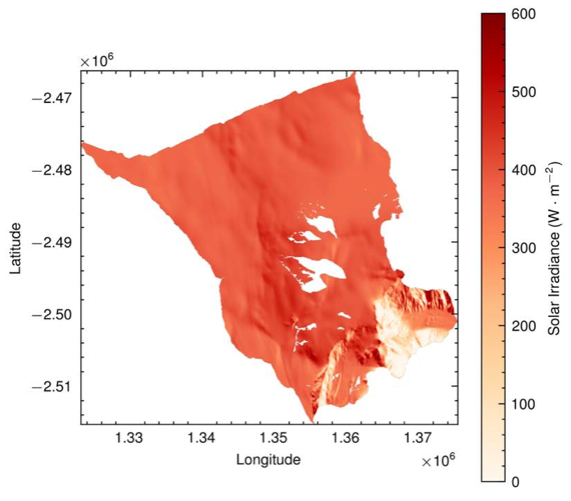 Solar Irradiance across Breidamerkurjokull on April 1